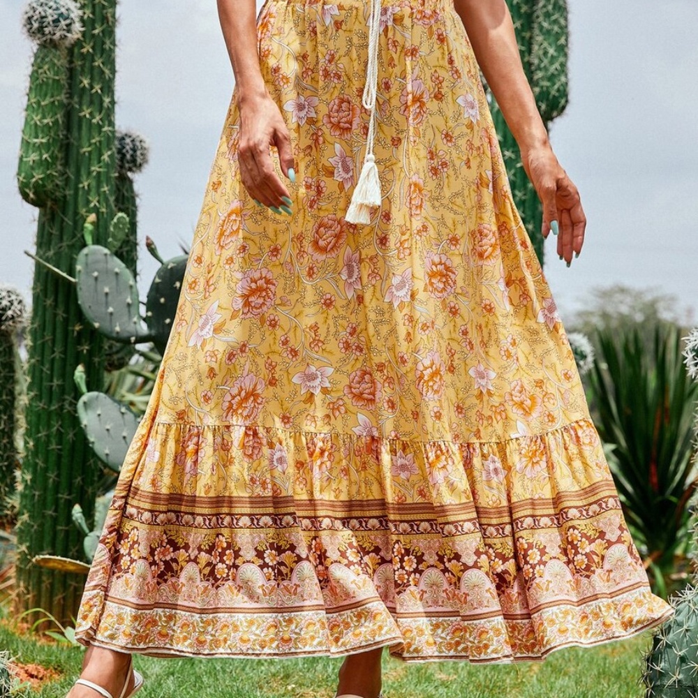 Boho Yellow Floral Tassel Ruffle Maxi Skirt Gypsy - Picture 10 of 15